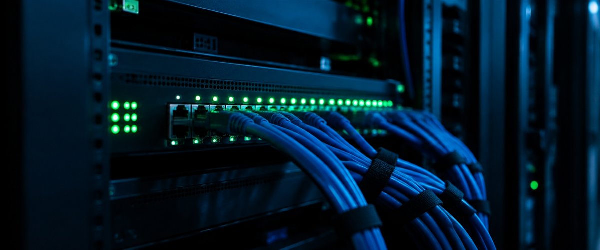 Netzwerk-Switch mit aktiven Verbindungen in einem Serverschrank