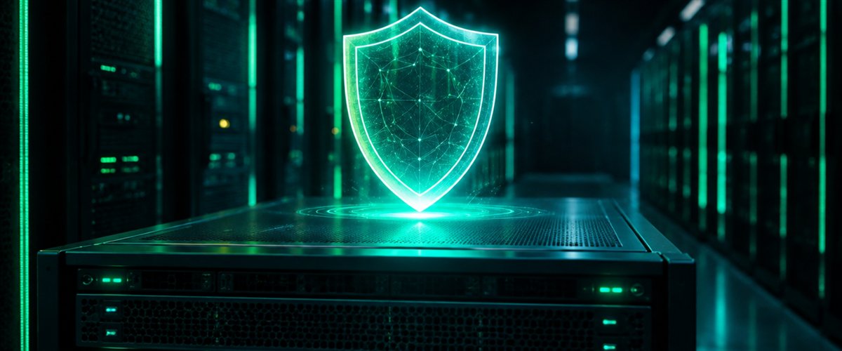 Digitales Schutzschild-Symbol über einem Serverschrank als Sinnbild für IT-Sicherheit
